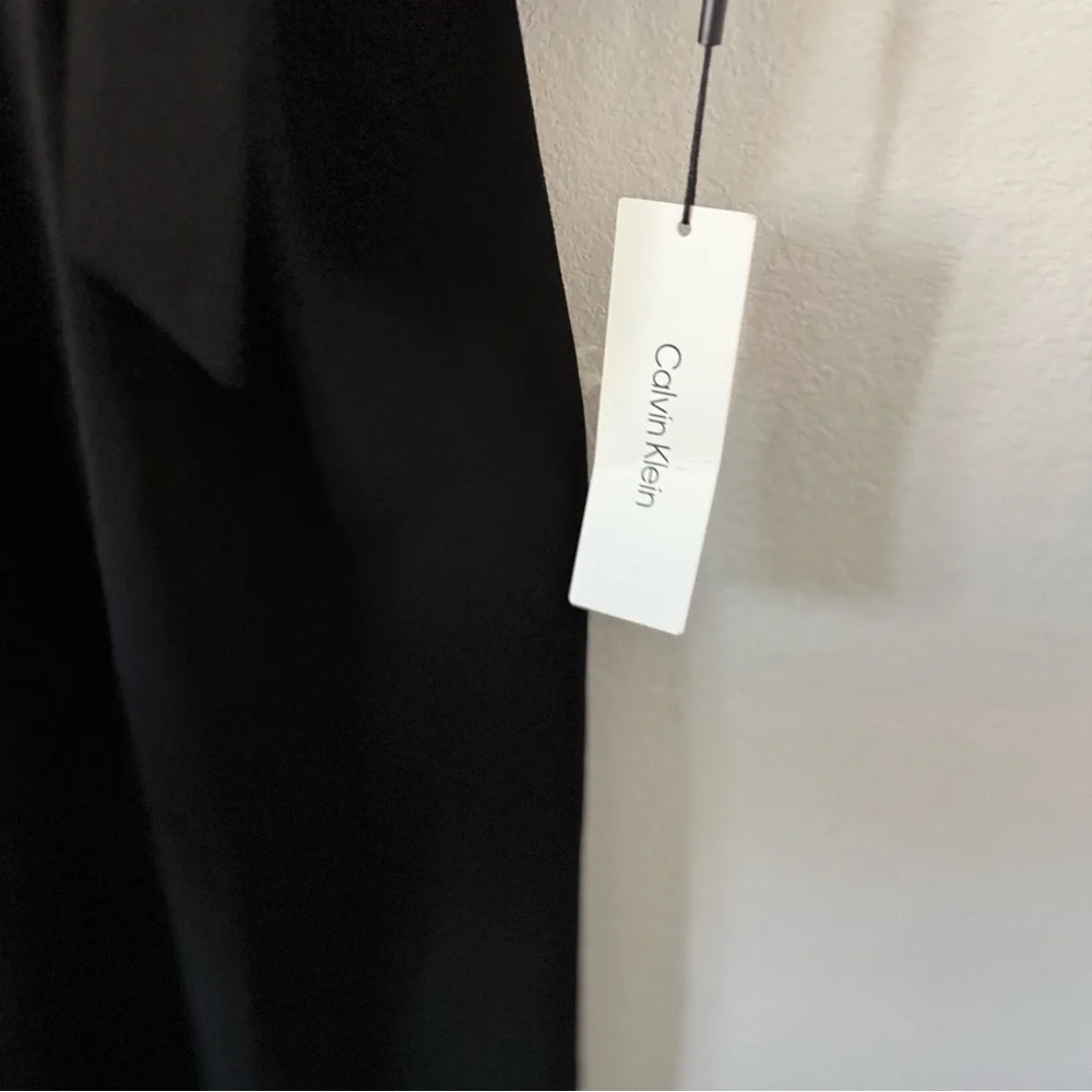 New Calvin Klein Jumpsuit Black Sz 2 Wide Crop High Neck Peep Hole, Tie, Pocket